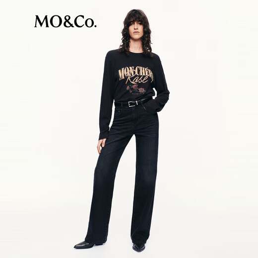 MO&Co. Jeans 2025 Autumn New Product Cotton Stretch Lycra Washed Straight Black Mid-Waist MBE3JENT12 Denim Black L /L