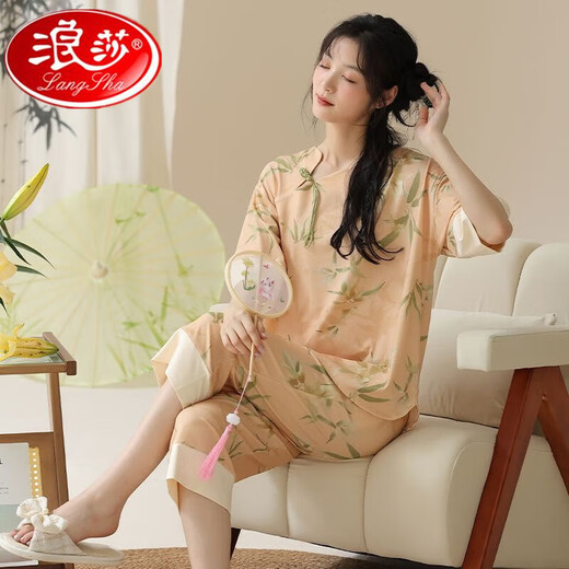 Langsha Chinesischer Stil Pyjama für Frauen im Sommer Neue chinesische Heimkleidung Chinesische Stil Kurzärärmelte geschnittene Hosen loser Baumwoll-Pyjamas Zwei-teiliger Set 9902 M 75-95jin [Jin entspricht 0,5 kg]