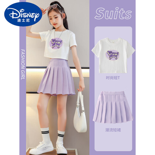 迪士尼（Disney）女童半身裙网球裙儿童夏季秋装裙裤大童百褶裙套装女孩jk运动短裙 9889T恤+4018芋泥奶油 160