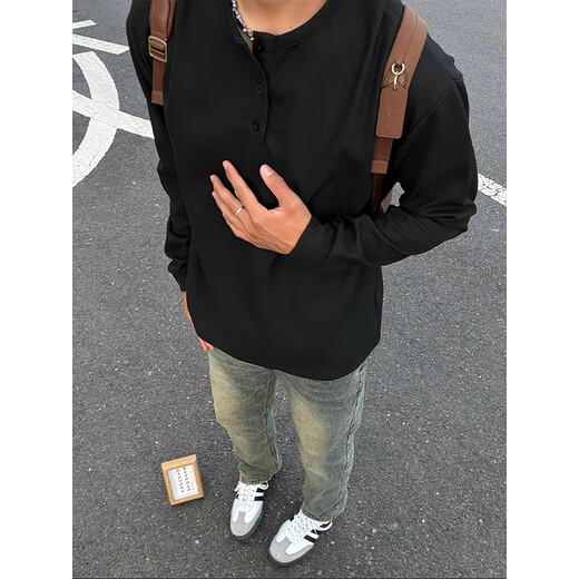 Katuchi American Henry collar long-sleeved T-shirt for men in summer, loose and thin waffle guard clothes, high-end inner layering shirt, black XL