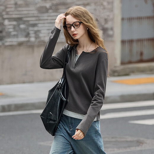 Tangshi 2025 autumn women's solid color small V-neck fake two-piece long-sleeved T-shirt