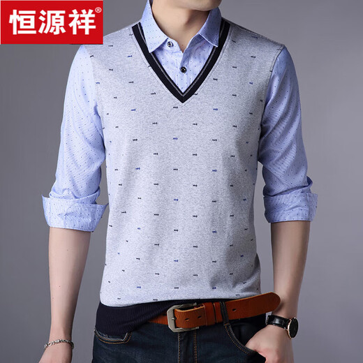 Hengyuanxiang men's fake two-piece sweater autumn long-sleeved T-shirt casual bottoming sweater men's middle-aged dad's top autumn 3878 red 170/L