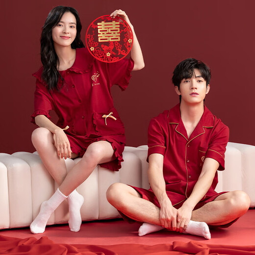 Pure cotton pajamas wedding newlyweds couple set red men's women's short-sleeved summer love couple's pajamas summer Z52012 couple XL male