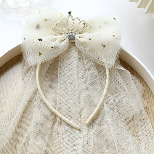 SNQP children's crown princess white veil mesh headband girl baby birthday hat photo bow hair accessories wedding dress beige pearl crown headband 1 piece