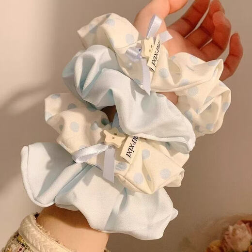 Popular blue and white polka dot large intestine hair ring girl heart hair accessories blue and white + polka dots 2 pieces in total