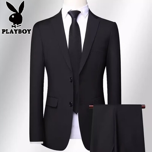 Playboy brand high-end suit complete set of men's wool suit professional formal wear middle-aged men's business casual spring and autumn three-piece suit black (suit + trousers) XL 180 size recommended 150 Jin Jin equals 0.5 kg within