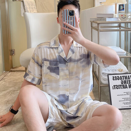 Cardigan couple pajamas women summer air conditioning clothes rayon home clothes cotton silk men can be worn outside short-sleeved cotton silk suit thin 9902 tie-dyed amber XL