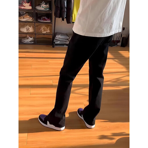 POUM黑色弯刀牛仔裤男秋季美式高街vibe男裤子潮牌冬季加绒直筒微喇裤 GYFS-G825黑色 L
