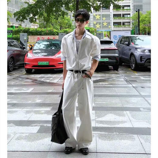 Jufeng Korean fake two-piece white long-sleeved shirt suit men's American striped splicing shirt and pants with a complete set of white shirt S (suitable for 85-100Jin Jin equals 0.5kg)