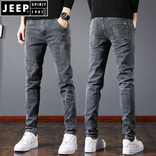 JEEP SPIRIT2025 New Jeans Men's Slim Foot Summer Tight Men's Pants Summer Thin Straight Pants Men's Pants ssnz-6636 Gray Spring and Autumn Style Without Velvet 31