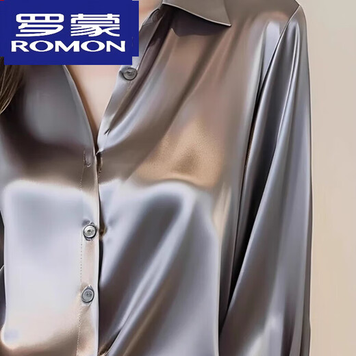 ROMON 2025 Spring and Autumn New Style Gray Acetate Silk Shirt Women's Long Sleeve Chic French Silk Professional Shirt Gray M