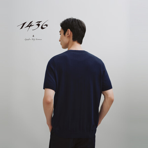 14361436 Italian imported fabric 2025 spring and summer new worsted Henley collar embroidered half-sleeved men's pullover Navy blue M 110cm