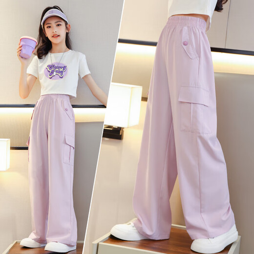 Balabala Summer Girls Piernas anchas Pantalones para niños Pantalones de trabajo de seda de hielo 2025 Nuevos pantalones repelentes de mosquito Pantalones de verano de niñas 9922 White + 15029 Rosa morado [set] 120 cm