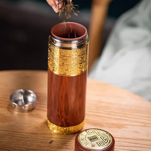 Jinxuantang Yixing Taza Termo de Té con Forro de Arcilla Púrpura para Hombres Regalo Conmemorativo del Día del Padre de Jubilación de Alta Gama Grabado Personalizado Phnom Penh de Grano de Madera Roja - Taza Recta 320ml