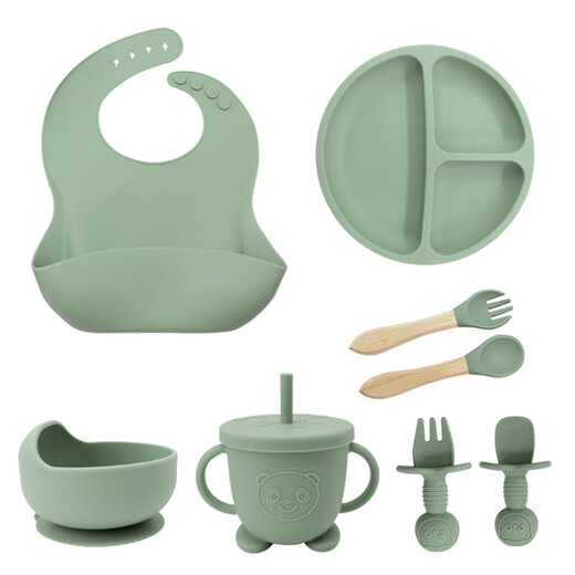 Volisse pour enfants Ensemble de huit pièces Traine pour bébé complémentaire Bol de nourriture Bowl alimentaire Silicone Baby Feeding Table Vérification Ensemble rose en huit pièces (620G) Bib + petite aspiration + bol tasse de paille à l'ancienne [tasse de paille normale sans motif]