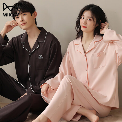 MiiOW spring and autumn cardigan lapel couple pajamas for men and women pure cotton long-sleeved trousers loose casual can be worn outside home clothes suit AM female 34843 male 34844 XL female