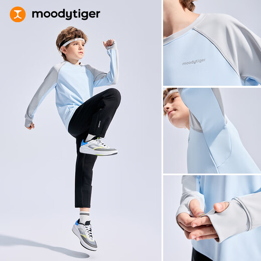 Moodytiger boys' long-sleeved T-shirt sweat-absorbent and sun-proof spring and autumn children's tops with contrasting color stitching outdoor casual sportswear 1 Ice Blue 140