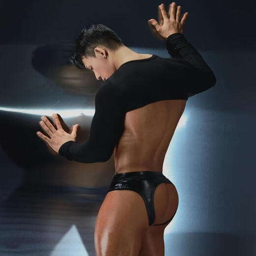 Jiuai new men's underwear imitation leather hollow back briefs sexy patent leather youth pants open thong T pants low waist black (long sleeves + underwear) S