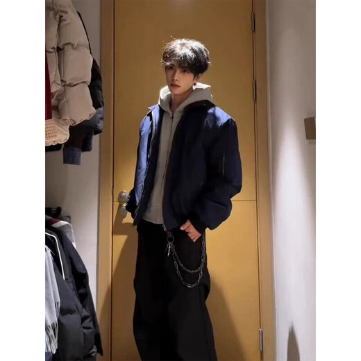 Shelley Jones American cleanfit jacket men's autumn high-end handsome lapel navy blue bomber jacket baseball uniform navy L recommended 110-125Jin Jin equals 0.5 kg