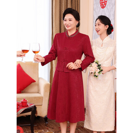Saiman Diexi grandma's extra large size dress spring and autumn October wedding dress mother's dress engagement party dress light luxury and western style dress maroon XL 115-135Jin Jin is equal to 0.5 kg