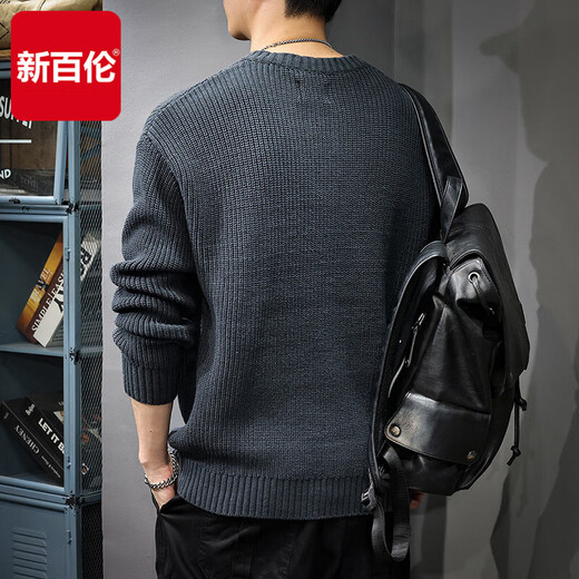 New Balance 2025 Winter Trendy Sweater Men's American Retro Henley Collar Versatile Heavyweight Casual Sweater Autumn and Winter Jacket Gray Blue L Size Suitable Weight 115-130Jin Jin is equal to 0.5 kg