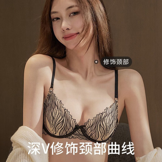 Underwear Women's French Thin Large Breast Showing Small Sexy Lace Embroidery Pure Desire Soft Steel Ring Breathable Bra Set Black Set XL 38/85BC