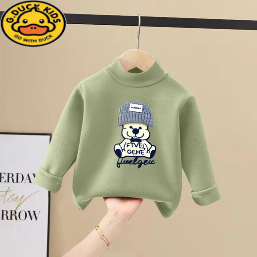 G.duck boys and girls half turtleneck German velvet bottoming shirt new style fashionable children's plus velvet warm top baby autumn and winter clothing German velvet gray hat white bear-fruit green 100 cm recommended height 90-100cm