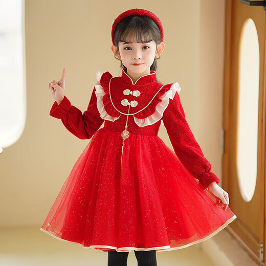 Luo Zhichao girls' dress winter plus velvet style children's princess dress little girl autumn and winter thickened children's clothing tutu skirt red spring and autumn 110
