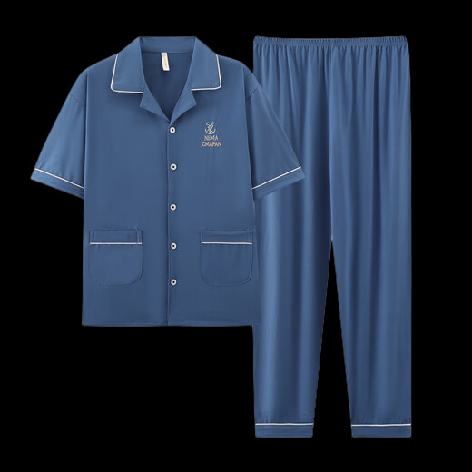 酷章（KUZHANG）男士睡衣夏季短袖长裤纯棉薄款青少年家居服可外穿加大码休闲套装 g3884蓝色-短袖长裤 3XL 建议160-190斤