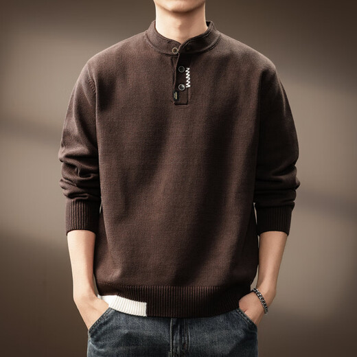 Bmuvlss high-end brand men's American Henry collar sweater for men 2025 autumn and winter new versatile long-sleeved sweater for men dark coffee M suitable for 100-120Jin Jin equals 0.5 kg