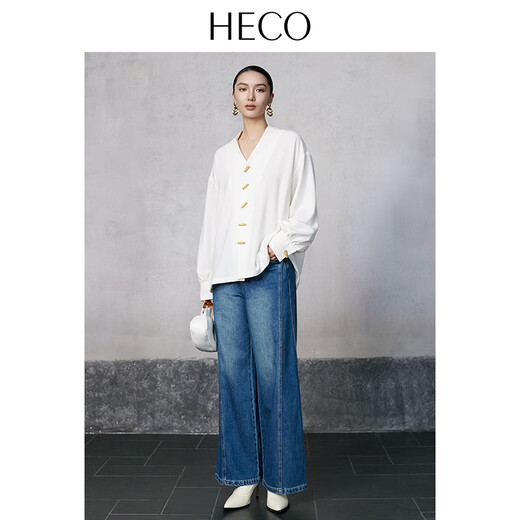 HECO Vertical Diabolo New Chinese Design Bamboo Knot Button Profile V-neck Long Sleeve Shirt Women's New Winter Top White S