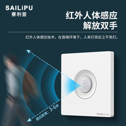 SAILiPU 86 type concealed human body sensor switch, corridor light turns on infrared 220V intelligent light control LED lamp energy-saving lamp delay sensor second line 50W