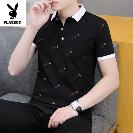 花花公子（PLAYBOY）2025新款夏季翻领男士短袖t恤休闲潮牌POLO衫男装带领子半袖冰丝 黑色 QY679 M