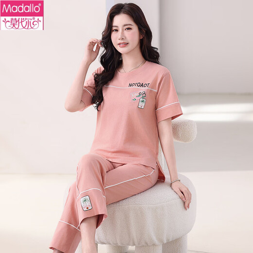 Modal-Baumwoll-Pyjama für Damen, Sommer, dünne Kurzarmhose aus reiner Baumwolle, lässiges Sommer-Homewear-Set, kann draußen getragen werden, 7374 Pink L (100–120 Jin entspricht 0,5 kg)