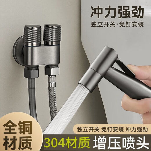 All-copper toilet companion one in and two out with spray gun angle valve bathroom double water outlet triangle valve three gun ash double control angle valve 304 spray gun set