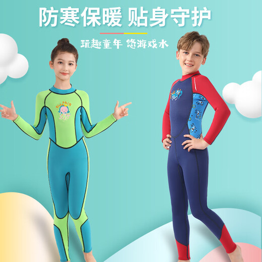 Ride ship children's swimming wetsuit 3mm sun protection warm baby swimsuit one-piece long-sleeved cartoon student swimming suit for men and women green and blue one size fits all 4_#