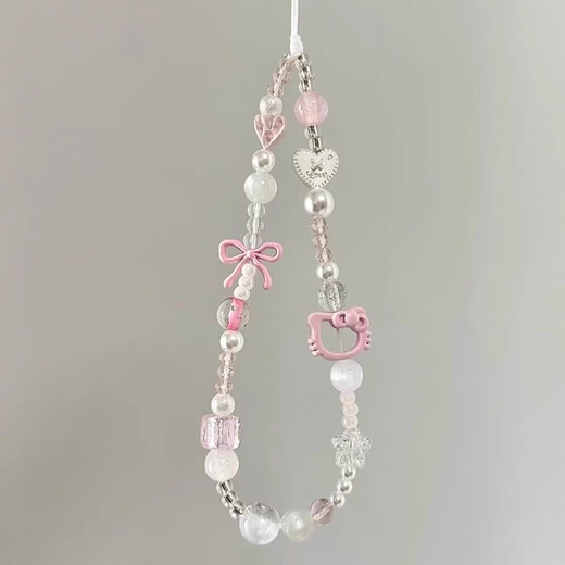 Kitty cat butterfly mobile phone chain short lanyard cute beaded camera pendant small pendant wrist anti-fall chain cat bow pendant-pink-1 piece