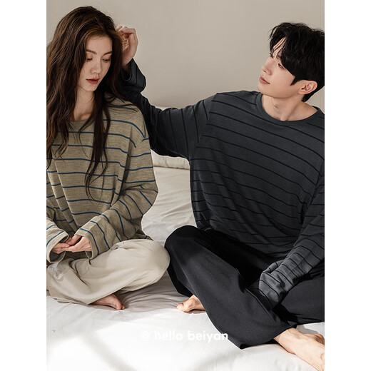 Beiyan couple pajamas for women spring and autumn new style soft cotton long-sleeved loose home wear casual striped men's loose large size suit C20533 women's L