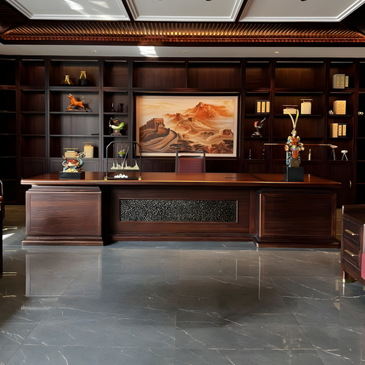 Fang Zaitang new Chinese style solid wood desk boss desk ebony wood executive desk high-end chairman background cabinet combination furniture boss desk color