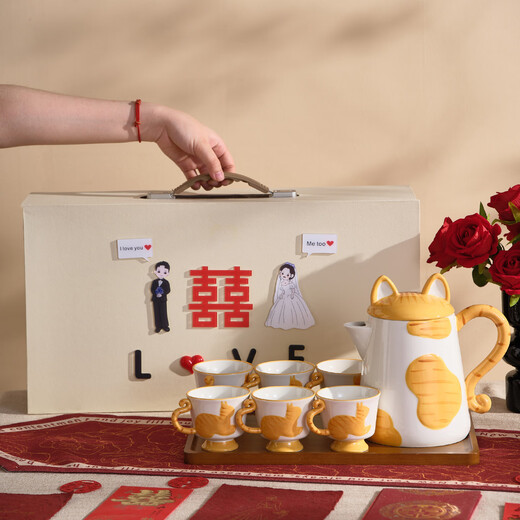 DearDali wedding gift for newlyweds, girlfriends, wedding, engagement, high-end practical living room water cups and water sets, complete tea set set, high-end gift box, orange cat water set, one pot, six cups + tray