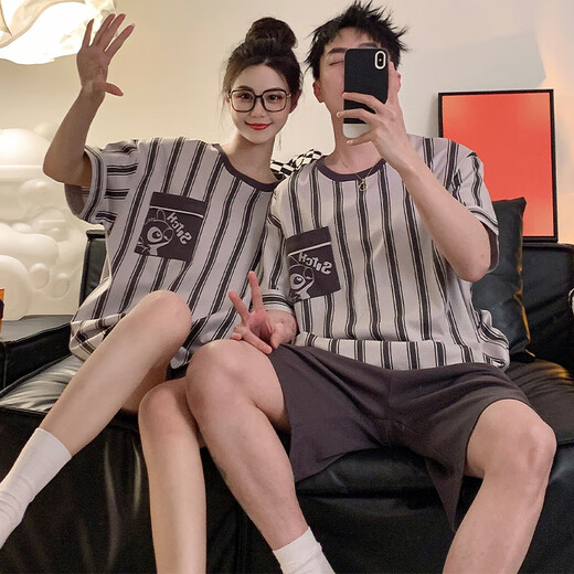 Yalu with chest pad couple pajamas summer pure cotton short-sleeved women's sweet cartoon men's thin can be worn outside home clothes set 691 M women get men L