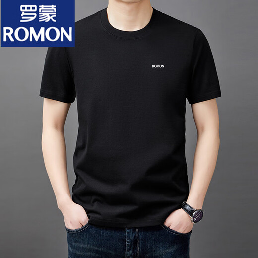 罗蒙（ROMON）男士短袖t恤夏季新款潮流棉简约圆领上衣休闲凉感体恤衫男T YS9929黑色【带标】 均码 105【90-110斤】
