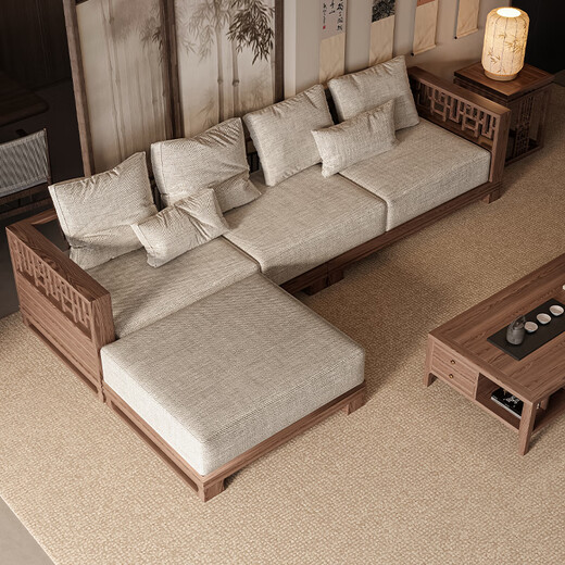 Jigi New Chinese Style Song Dynasty Aesthetic Zen Fabric Sofa Combination Office Rest Area Business Reception Negotiation Straight Sofa Combination One 2.0 Meter Three-Seater + Side Table + Coffee Table