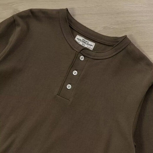 Yuandi Henry Collar Long Sleeve American Retro Long Sleeve T-Shirt Men's Simple Ami Khaki Heavy Henley Collar Bottoming Shirt Men Gray M