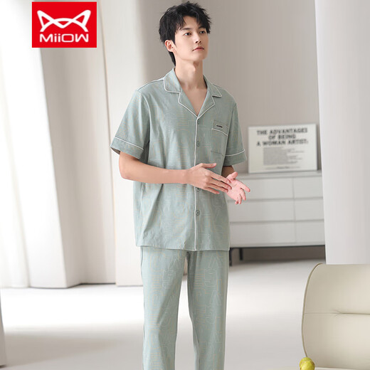 MiiOW costume deux pièces pyjama pour hommes, pantalon à manches courtes portable d'été, revers cardigan, nouveaux vêtements de maison, pur coton NSN--9856 Male L