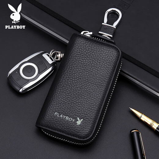 花花公子（PLAYBOY）男士钥匙包真皮迷你门卡通用容量多功能锁匙收纳包 T7300981黑色【二层牛皮】