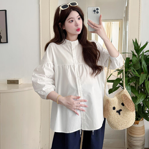 Ran Qiqi maternity wear autumn suit lazy style 2025 new long-sleeved shirt top wide-leg pants small fragrance two-piece set white shirt + navy blue pants (suit) XL