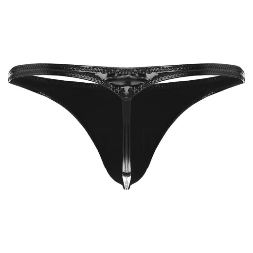 Sexy gay low-waisted t-pants, sexy butt-exposed, thin, stretchy, sexy men's thong, bright leather, U-shaped pouch, single, black sub-size 3XL