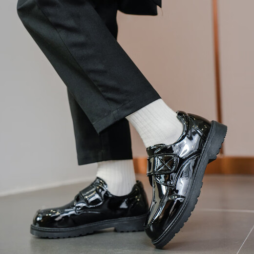 DUTRIEUX Boys' Leather Shoes Soft Sole Children's Campus Performance Shoes New Little Boy Performance British Style Student Black Leather Shoes Boys' Black Leather Shoes Upgraded Velcro Style 32 Sizes Inner Length of Shoes Approximately 200mm