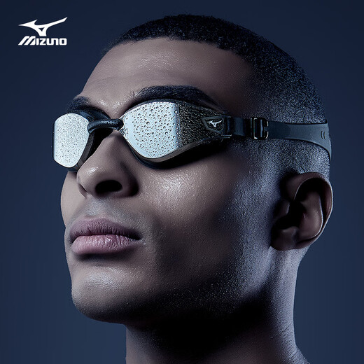 Mizuno (MIZUNO) high-definition waterproof and anti-fog myopia-coated swimming goggles for men and women adult swimming goggles professional training swimming cap set equipment electroplated black silver flat light no prescription